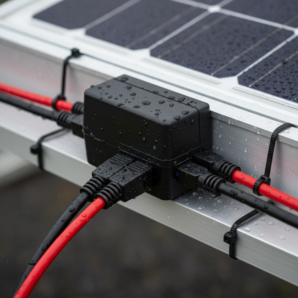 A meticulous close-up photographic macro shot of a solar junction box and MC4 connectors on the back of a solar panel, showing clean, dust-free black plastic housings, firmly locked connectors, and neatly routed solar cables secured with UV-resistant cable ties on an anodized aluminum frame. Overcast daylight provides soft, diffused lighting with no harsh reflections, allowing every detail of the surfaces and textures to be visible. Beads of water from a light recent rain hint at environmental exposure while reinforcing the integrity of weatherproof components. The composition uses tight framing and shallow depth of field to isolate the components, creating a focused, technical, and highly professional atmosphere that communicates meticulous inspection, maintenance, and reliability in solar energy systems.