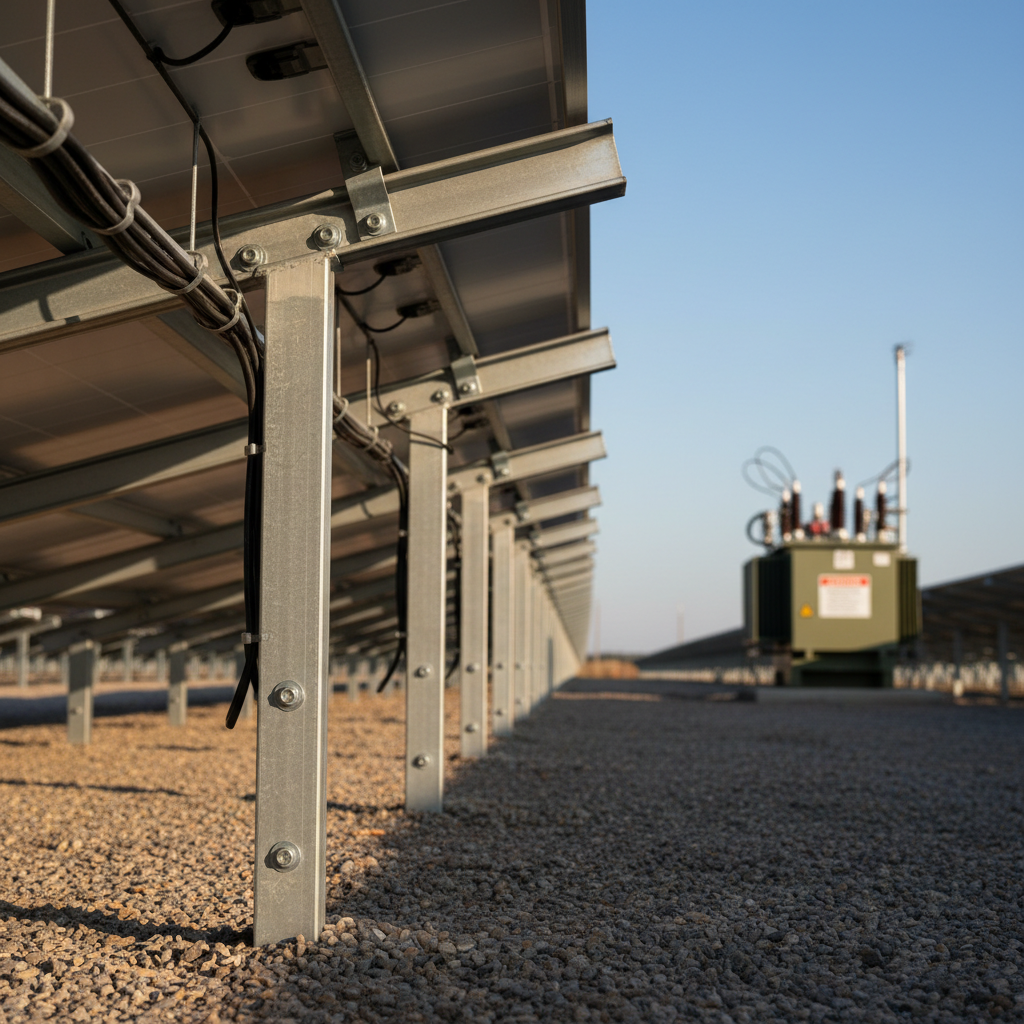 A ground-level photographic view along a row of utility-scale solar panels in a well-maintained solar farm, focusing on the structural details of the aluminum mounting rails, stainless steel fasteners, and cable management underneath the modules. The gravel service path beside the row is clean and free of vegetation, with a low, compact transformer station visible in the background. Early morning sunlight from the side produces gentle, elongated shadows that reveal textures on metal and gravel, with a cool blue sky adding contrast to the warm light. Shallow depth of field keeps the foreground hardware in crisp focus while softly blurring distant rows, creating a calm, professional mood that emphasizes preventive maintenance and robustness of the installation.