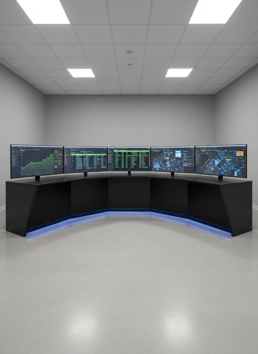 An ultra-clean, modern control room interior dedicated to solar power plant operation, shown without any human presence. Multiple wide, frameless LED monitors are mounted on a sleek matte-black console, each displaying detailed SCADA dashboards, energy production graphs, alarm logs, and live status of inverters and string combiner boxes. The room has neutral gray walls, a polished light-gray floor, and subtle blue LED accent lighting along the desk edge. Overhead, cool white recessed lighting provides uniform illumination with gentle reflections on the screen surfaces. Photographic realism, shot at eye level with a slightly wide lens, emphasizing symmetry, clarity, and a professional, high-tech atmosphere that communicates precise monitoring and expert plant operation services.