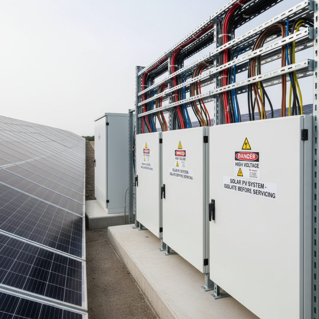 A close-up photographic scene of a pristine solar inverter station and electrical cabinet installation at a solar farm, featuring powder-coated white metal enclosures with clearly printed warning labels, neatly arranged cable trays, and carefully bundled DC and AC cables with colored identification markers. The cabinets stand on a clean concrete foundation beside a row of dark-blue solar modules. Soft, diffused midday sunlight creates even illumination with subtle metallic reflections and minimal shadows, highlighting the orderliness of the installation. Captured from a slightly low, three-quarter angle with sharp focus throughout, the composition emphasizes technical precision, safety, and professional maintenance quality in a calm, controlled, and highly organized industrial environment.