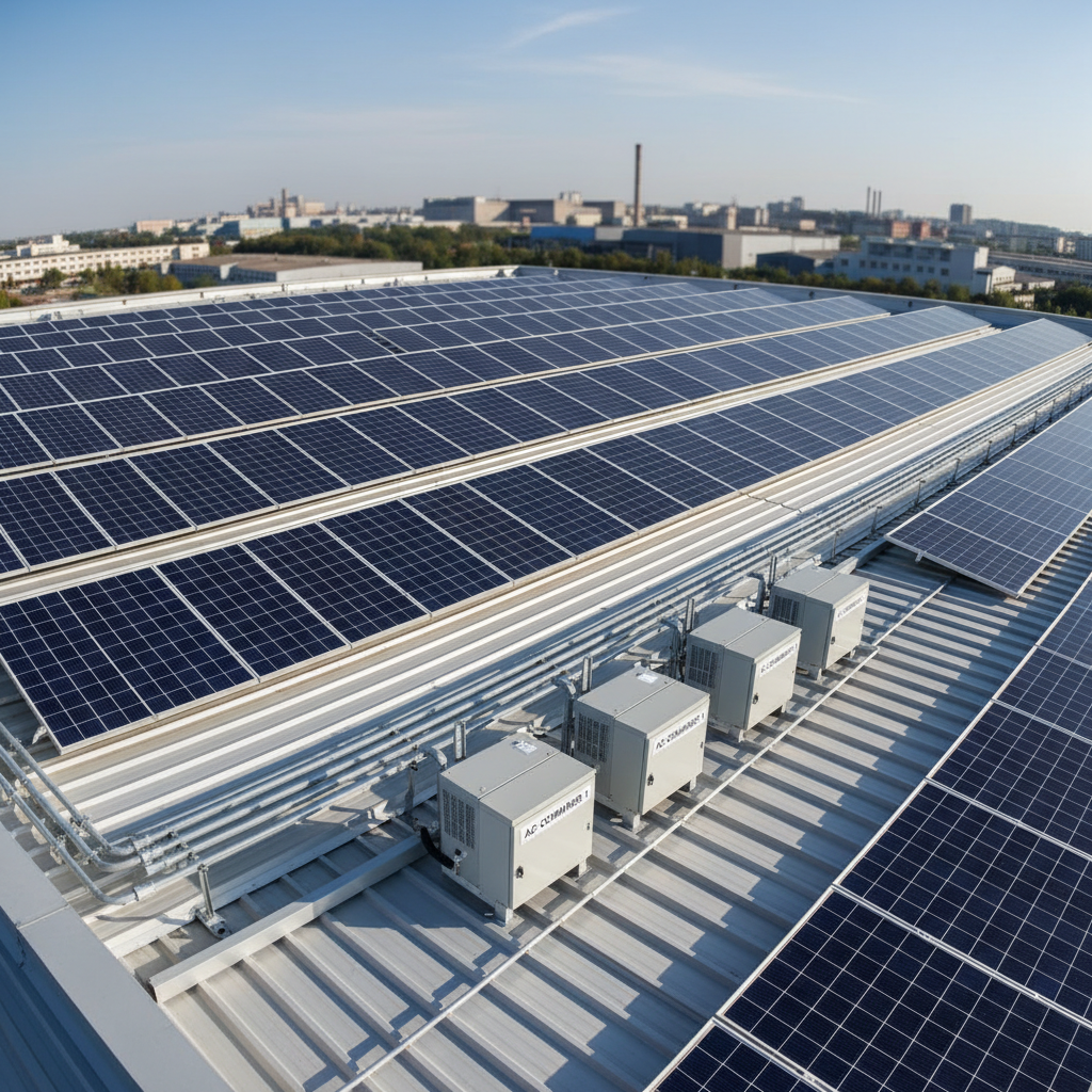 A panoramic photographic scene of a medium-scale rooftop solar installation on a modern industrial facility, with rows of gleaming blue-black solar panels mounted on a clean, light-gray sheet metal roof. Cable conduits run in perfectly straight lines toward a compact inverter cluster near the roof edge, next to neatly labeled AC distribution boxes. Late morning sunlight produces crisp reflections on the tempered glass modules and subtle shadows along the mounting rails. The surrounding urban-industrial skyline is softly blurred in the background, keeping emphasis on the system itself. Captured from a slightly elevated corner angle, wide lens, sharp focus, the image conveys professionalism, optimized design, and expert operation and maintenance of rooftop solar power systems.