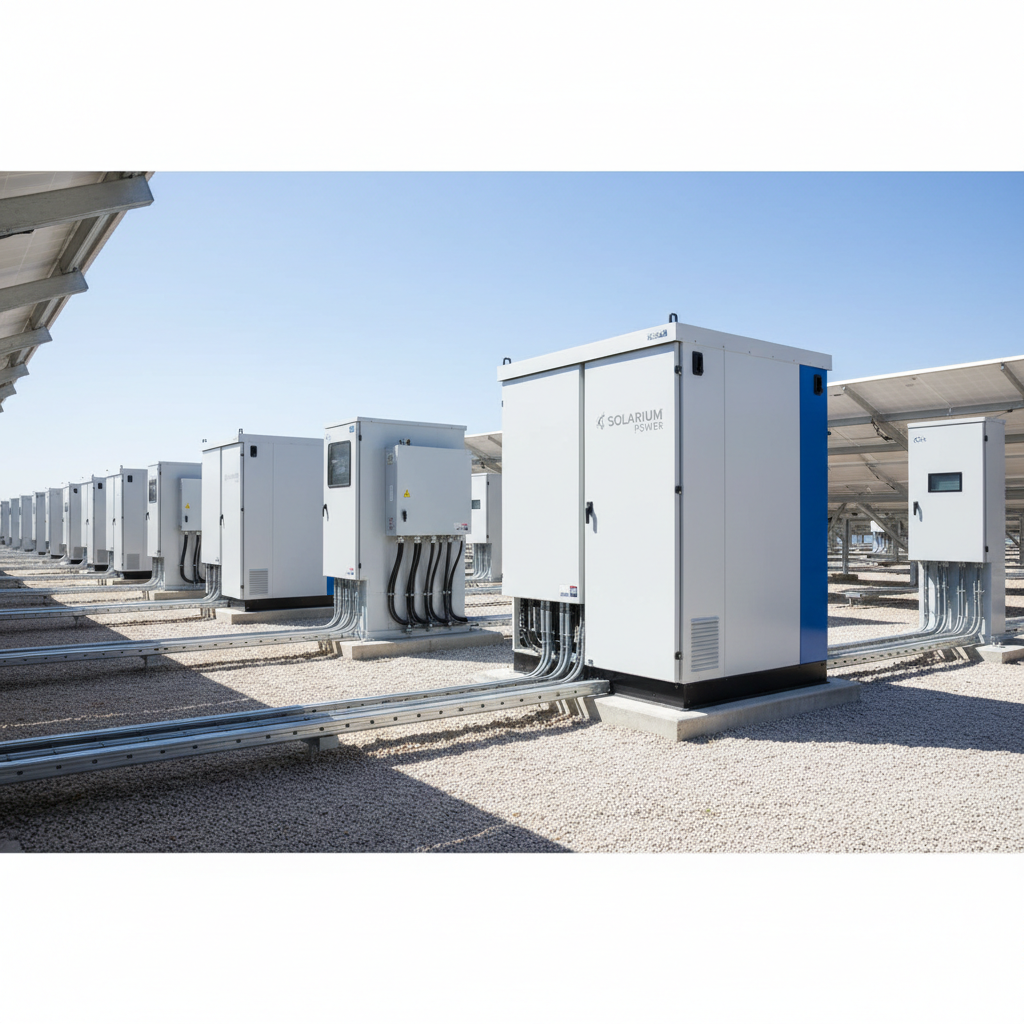 Square, high-resolution photo of an ultra-clean ground-mounted solar inverter station and DC combiner boxes at a solar farm, all equipment in perfect condition, white and gray industrial enclosures, cables routed in straight trays, no dust, no dirt, no shadows crossing the panels, bright homogeneous sunlight, minimalistic gravel ground, modern corporate utility-scale energy company aesthetic, conveying precision maintenance and high performance.