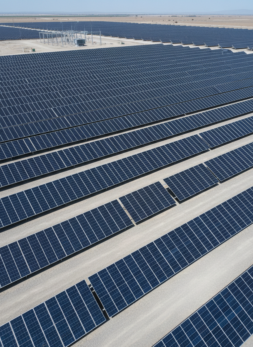 Square, high-resolution, clean and modern solar farm photo showing perfectly aligned rows of monocrystalline solar panels on a light gravel surface, no dirt, no bird droppings, no shading from trees or poles, uniform bright sunlight, low transformer station in background, professional corporate energy firm look, high efficiency and reliability mood.