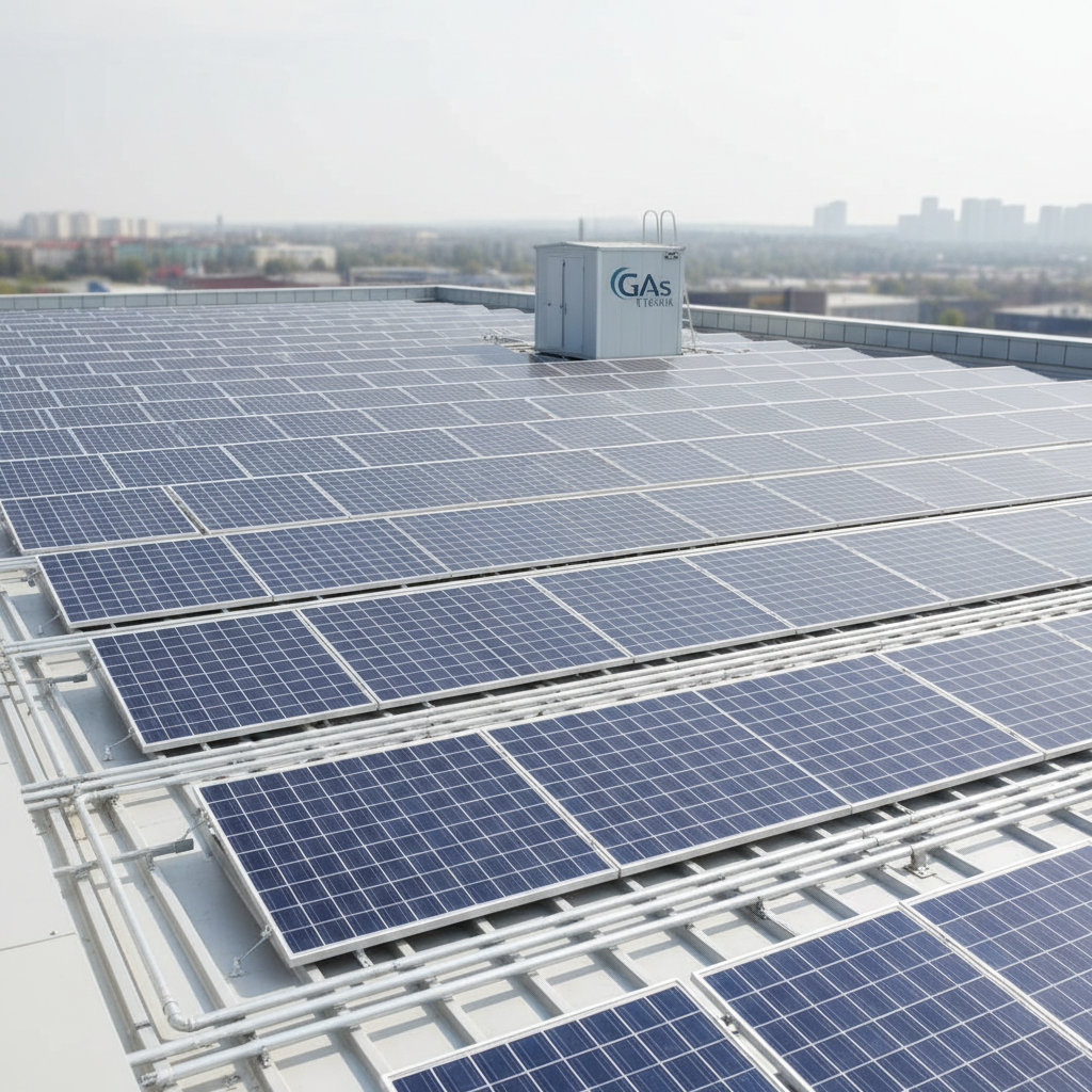 Square, high-resolution, modern commercial rooftop solar power plant on an industrial building, with rows of perfectly aligned blue-gray monocrystalline solar panels on a clean light-gray metal roof, no shading from nearby objects, homogeneous bright but soft sunlight, corporate blue-gray color palette, neat cable conduits, minimal urban background softly blurred, professional maintenance and operation aesthetic, matching existing GaAs Teknik gallery style, square framing, medium-wide zoom level.