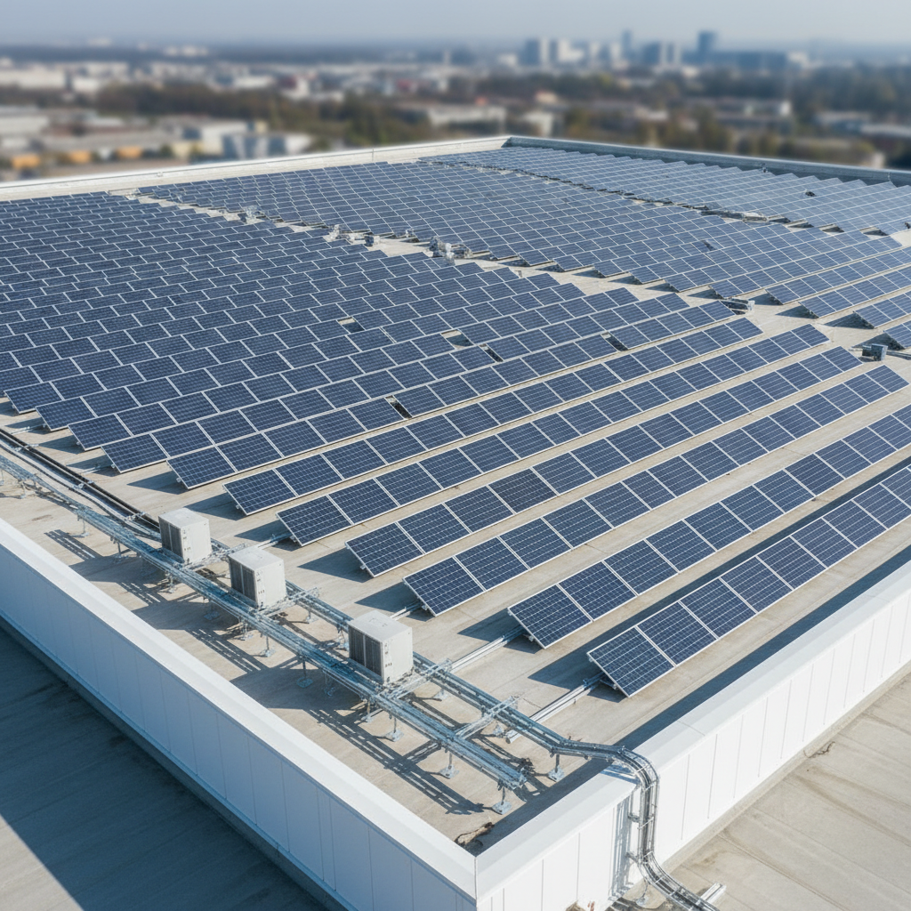 Square, high-resolution, modern industrial rooftop solar installation on a logistics warehouse, with tightly packed blue-gray monocrystalline solar panels covering most of the flat roof surface, clean white parapet edges, cable routes and inverters neatly arranged near one side, no shading from HVAC units or nearby buildings, homogeneous bright daylight, corporate blue-gray and neutral gray color palette, minimal background city line softly blurred, professional O&M aesthetic, square framing, similar zoom level to other gallery images.