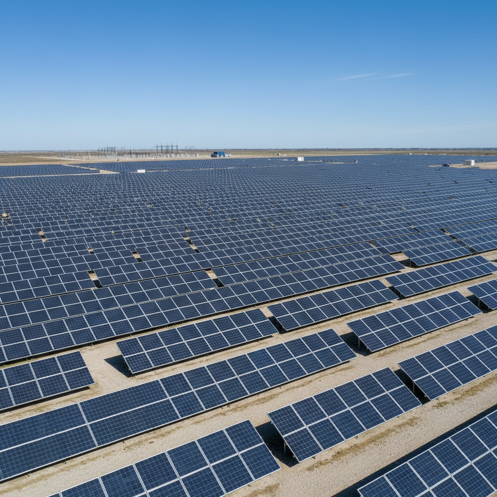 Square, high-resolution, utility-scale ground-mounted solar power plant (arazi tipi GES) viewed from a slightly elevated angle, showing multiple long rows of perfectly aligned blue-black monocrystalline panels on clean gravel or light soil, no trees, poles, or buildings causing shade, homogeneous bright sunlight, clear blue sky with a few thin clouds near horizon, minimal substation equipment visible in distance, corporate blue-gray and neutral tones, professional, efficient, and well-maintained appearance, square framing, similar medium-wide zoom level to rooftop images.